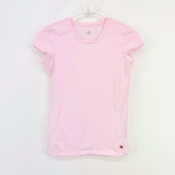 Alo Yoga CoolFit Light Pink Mesh Short Sleeve Stretch Performance Athetic Shirt - Picture 2 of 14